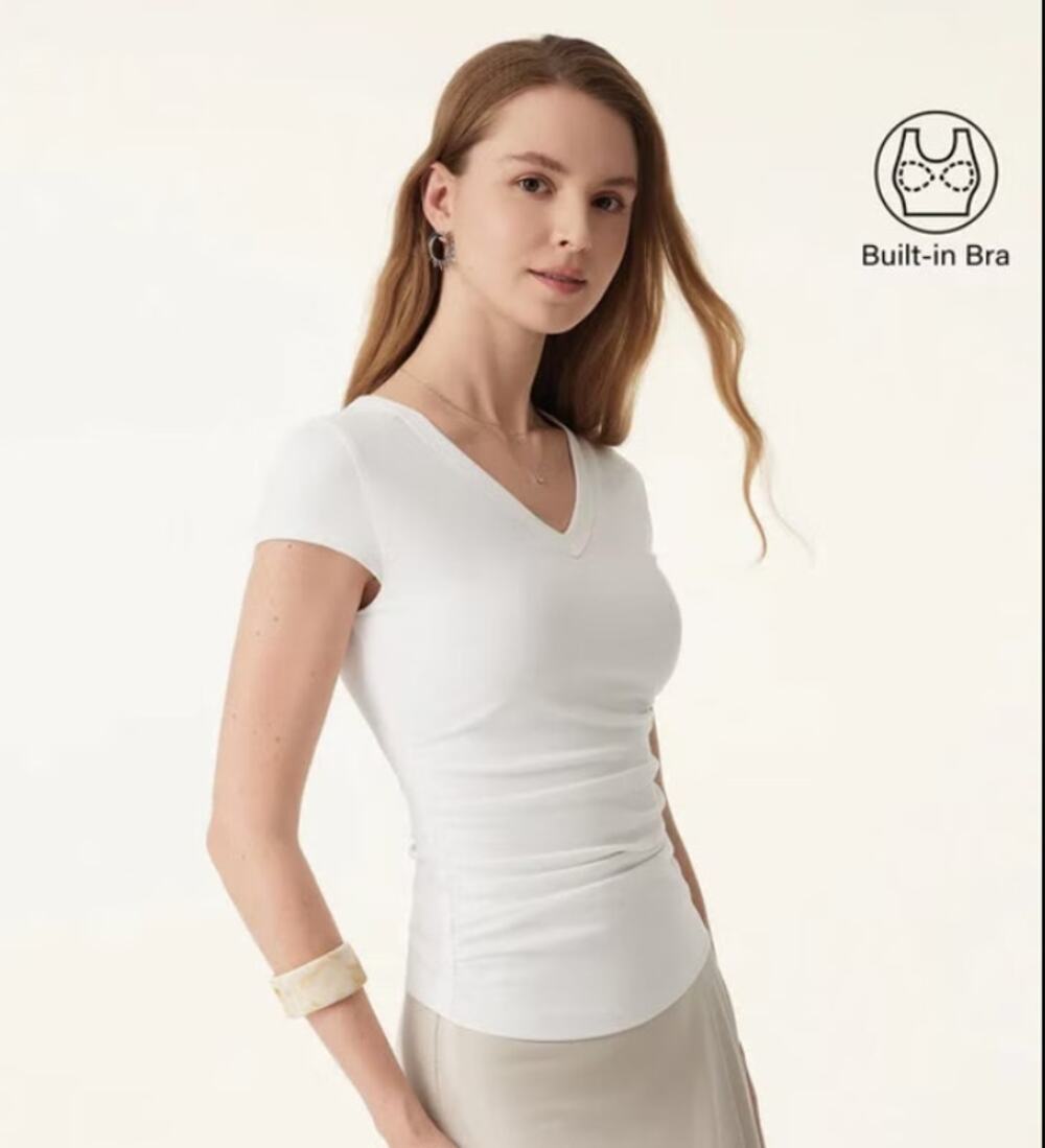 NWT OGL Elevated V-neck Side Ruched Cap Sleeve Brami Tee Padded White Size M